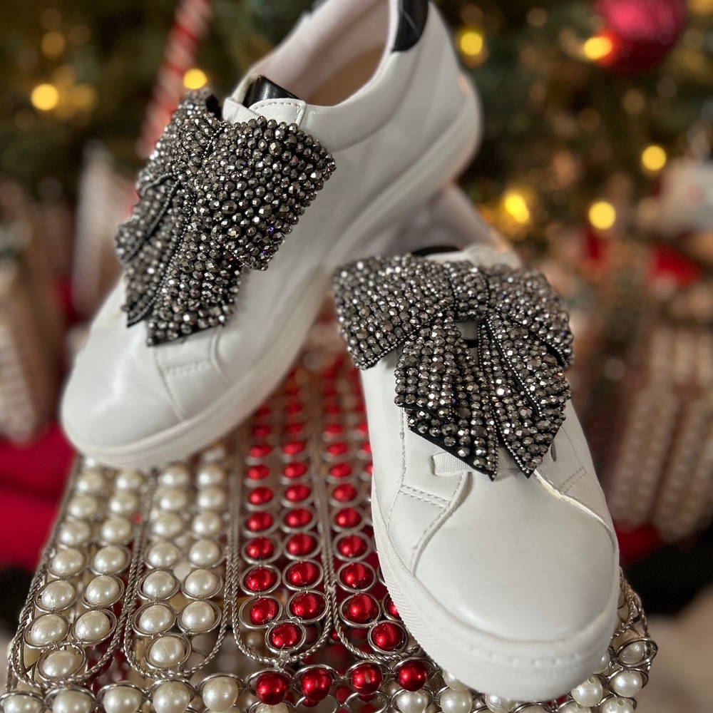 INC Beline Rhinestone Silver Black Bling Bow White Sneakers 6.5